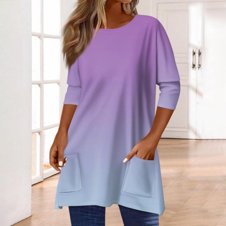 Women 3/4 Sleeve Round Neck T Shirt Casual Print Blouse Pullover Tops with Pocket Mid Length