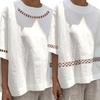 O-Neck pół rękawa damska bluzka drążą koronkowe szwy luźny krój cienka jednokolorowa koszula retro Top Streetwear