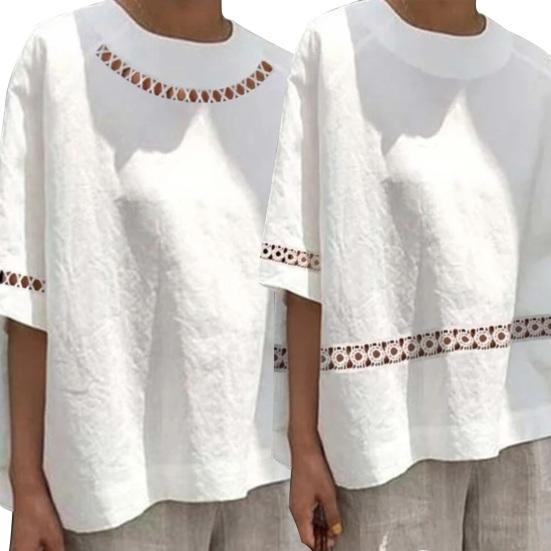 O-Neck pół rękawa damska bluzka drążą koronkowe szwy luźny krój cienka jednokolorowa koszula retro Top Streetwear