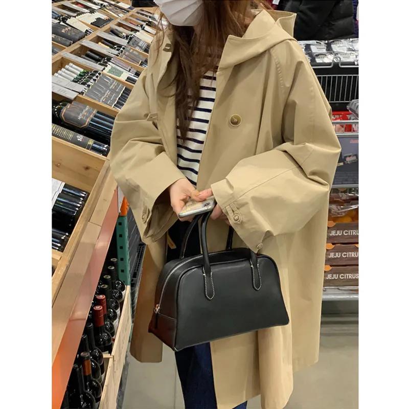 Women s Khaki Hooded Single-Breasted Mid-Length Loose Fit Casual Trench Coat S хаки
