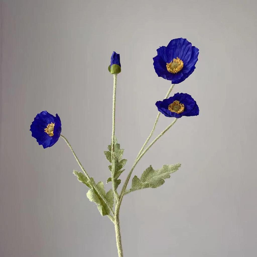 Artificial Poppy Flower - 4 Head Silk Flocked Floral Decoration & Photography Prop