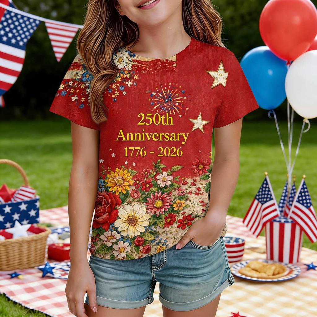 Kids Independence Day Print Round Neck Short Sleeve Casual T-shirt