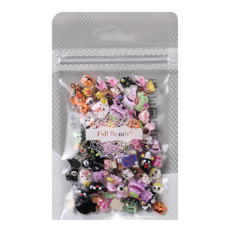 50/100Pcs Kawaii Halloween Nail Charms Cartoon Pumpkin Ghost Cat Mixed Sized Resin Ornaments Cute Spider Web Bat Nail Decor