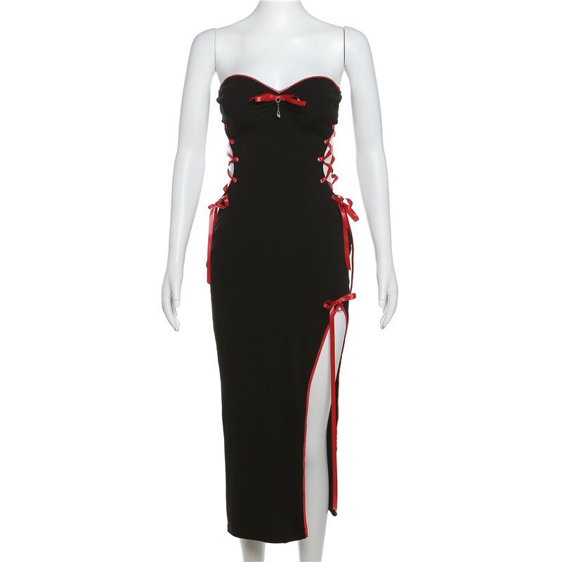 AltGoth Gothic Dark Midi Dress Dámské Vintage Fairycore Grunge Punk Y2k Hotsweet Pásek na špagety Dutý korzet Bodycon šaty