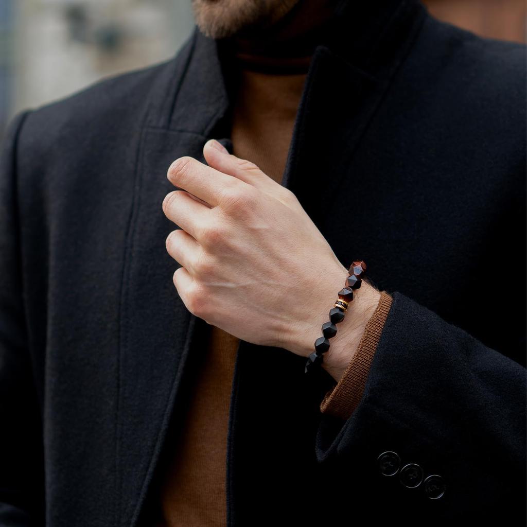 Onyx Red Tiger Eye Bracelet for Sterling Silver with Center Natural Gemstone [AWNL] Men, Charm, (10mm Stone), 16-17cm
