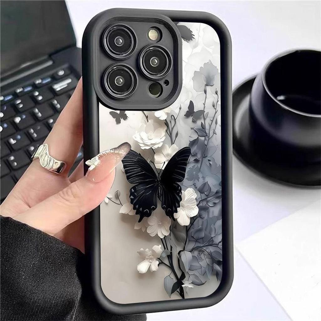 Black Butterfly Groove-Style Protective Case for iPhone 14/15/16/17 Pro Max