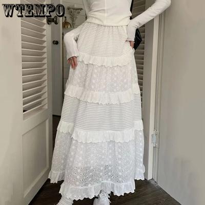 Fairycore Weißen Langen Rock Frauen Koreanische Nette Haken Blume Patchwork Rüschen Hohe Taille A-linie Röcke Clubwear