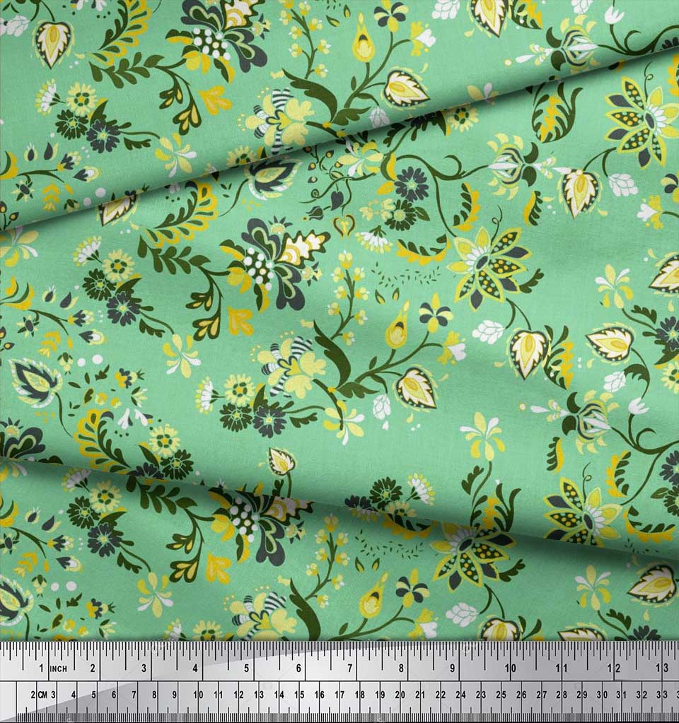 Soimoi Japan Crepe Satin Fabric Leaves & Floral Artistic Decor Fabric Printed Metre 42 Inch