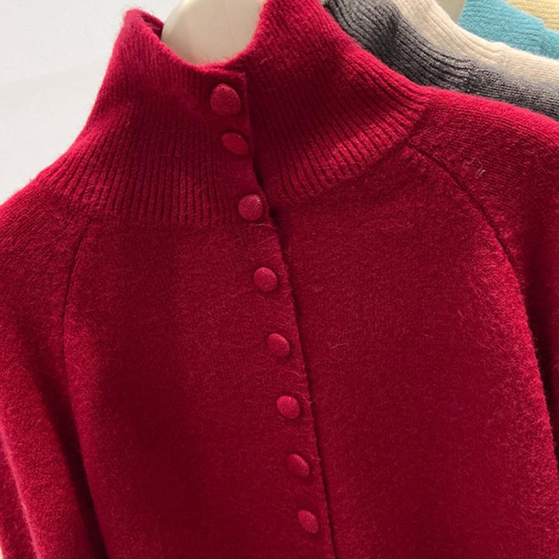 Cárdigan de Punto de Cuello Alto para Mujer Otoño Color Sólido de un Solo Botón Prendas de Abrigo Mujer Coreano Suave Tejido de Cachemir