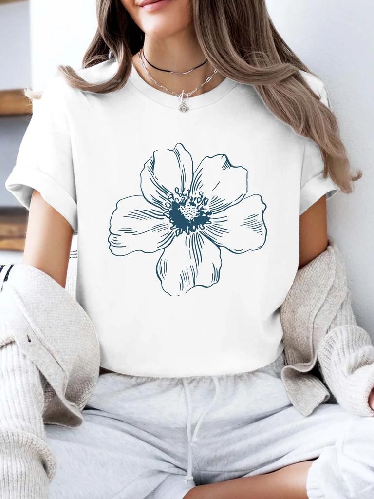 Minimalist Flower Print Tee Artistic Short Sleeve Top Women Casual Crew Neck Top Summer Comfort Wear Clothing