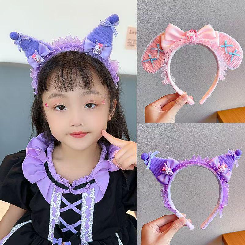 Kuromi Purple Plush Headband for Kids 2025 - Twist Stick Pompom with Bow and Lace Edge