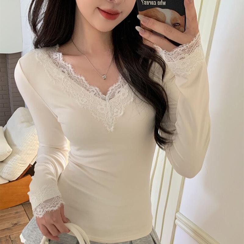 Damen French Lace Spliced Langarm V-Ausschnitt Hemd Slim Fit Bluse Basic Herbst Oberteil Normale Schulter