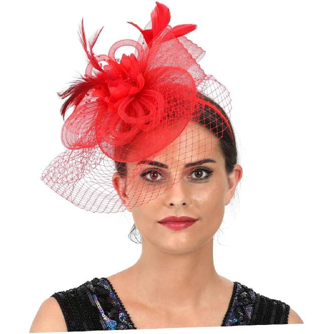 Alasum Mesh Floral Clip Headband, Red Cocktail Hair Accessory for Women, Wedding Tea Party Special Occasion Headwear