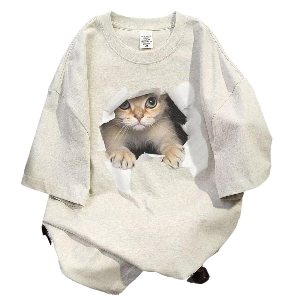 Women's Cute Kitten Print Loose Short Sleeve T-Shirt - White, Niche Design, Round Neck, Spring/Summer Trend