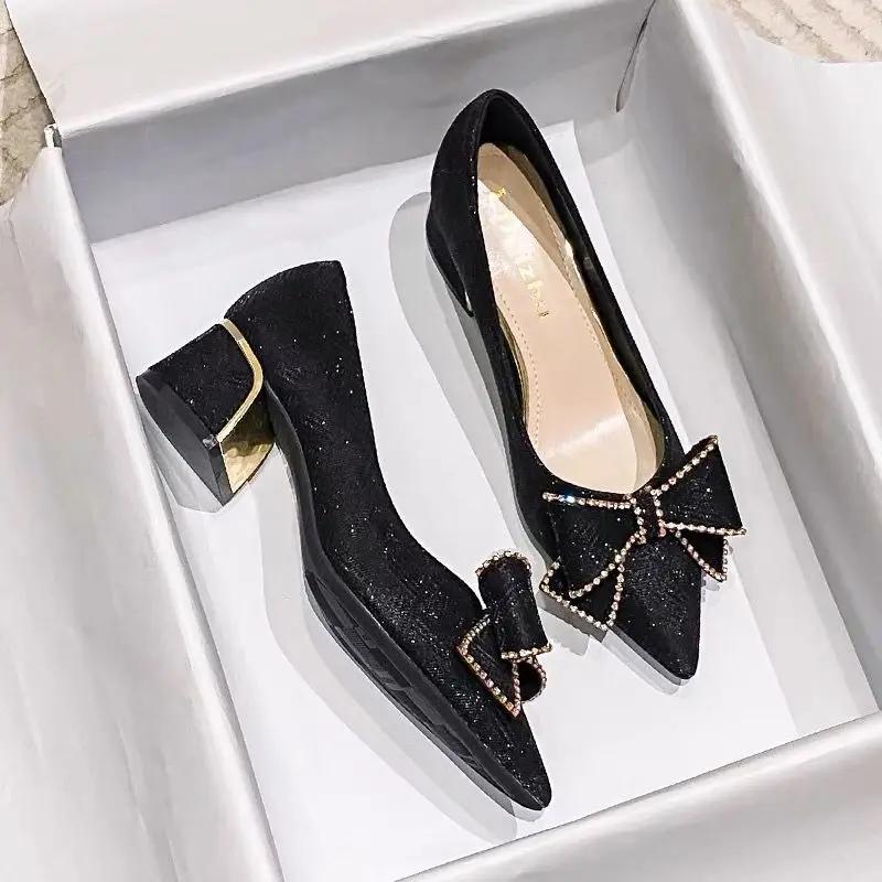 Fashion With Medium Heels Pointed Toe Shoes for Women Woman Pumps Block Heel Bow Chunky Spring Young Genuine Mark Korean Style Casual 39