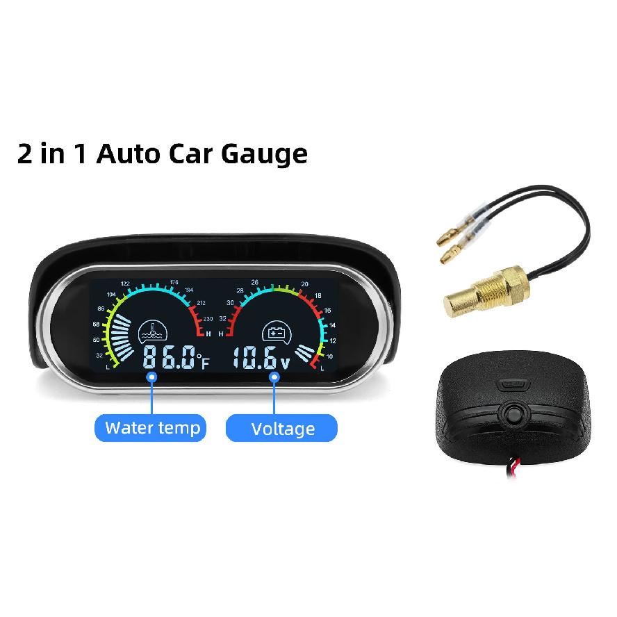 2 in 1 Car Gauge Water Temperature Voltage Volt Gauge Meter for 12V 24V Universal Truck Car LED Fahrenheit Degree Auto Gauge