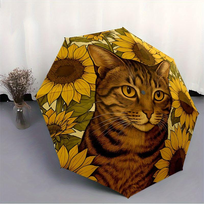1pc Sunflower Cat Print Automatic Open/close Folding Umbrella, Compact Portable Travel Umbrella,Durable Construction yy250814193