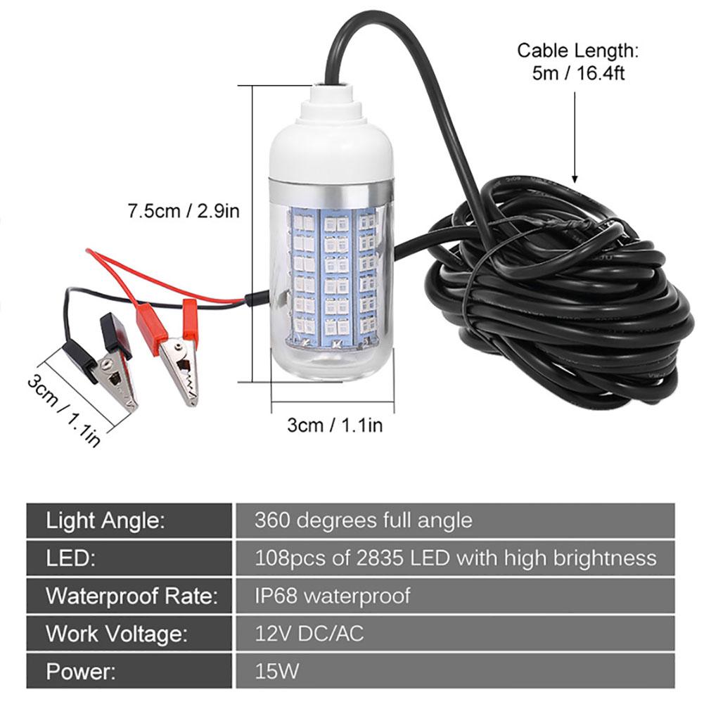 Utomhus LED-fiskeljus undervattensfiskelodslampa Ac/dc12v/24v Vattentät fisklureljus med 5 m nätsladd
