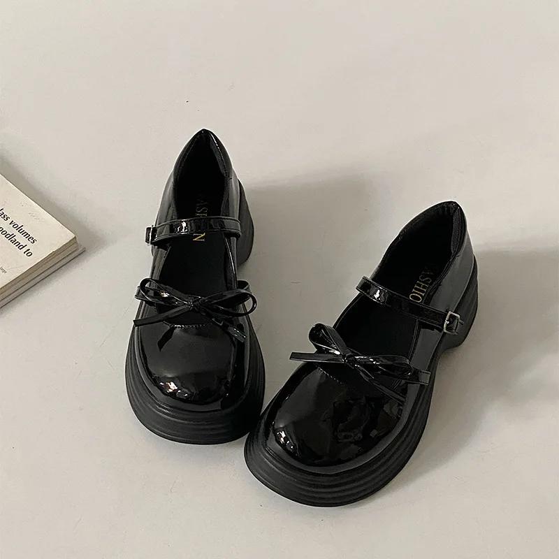 

Fashion 2024 New Black Chunky Platform Mary Jane Shoes for Women Autumn Patent Leather Pumps Woman Thick Bottom Bowknot Lolita Shoes 40 чёрный