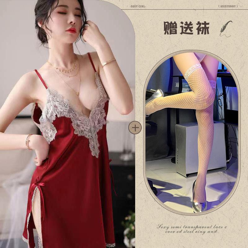 Fun underwear ice silk temptation sexy split-ended nightdress water-soluble flower hollow suspender pajama set