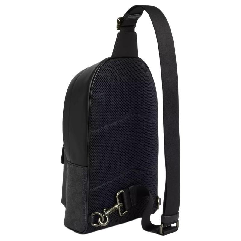 Coach West Pack 20 Metal Logo Zip Closure Coated Canvas Crossbody Chest Bag Small Men's Charcoal and Black