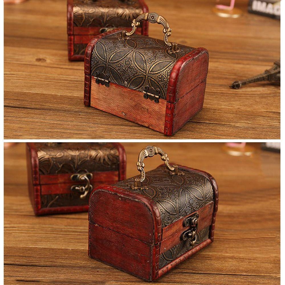 Vintage Treasure Chest Mini Trinket Box Portable Wooden Jewelry Box Cosmetics Organizer