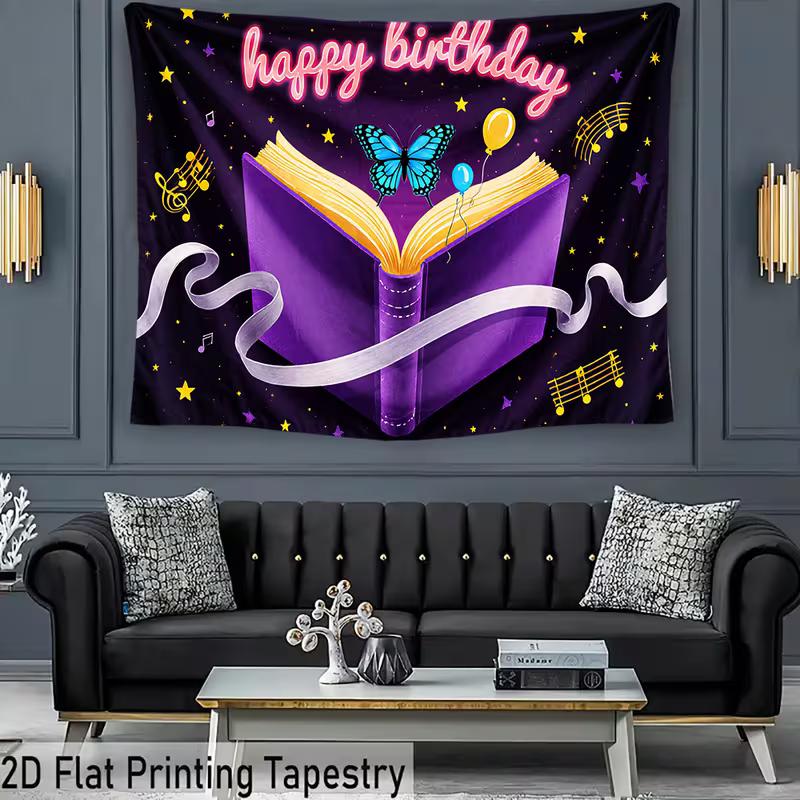 2D Purple Book Backdrop Happy Birthday for Book Lover Magical Themed Photo Booth Background