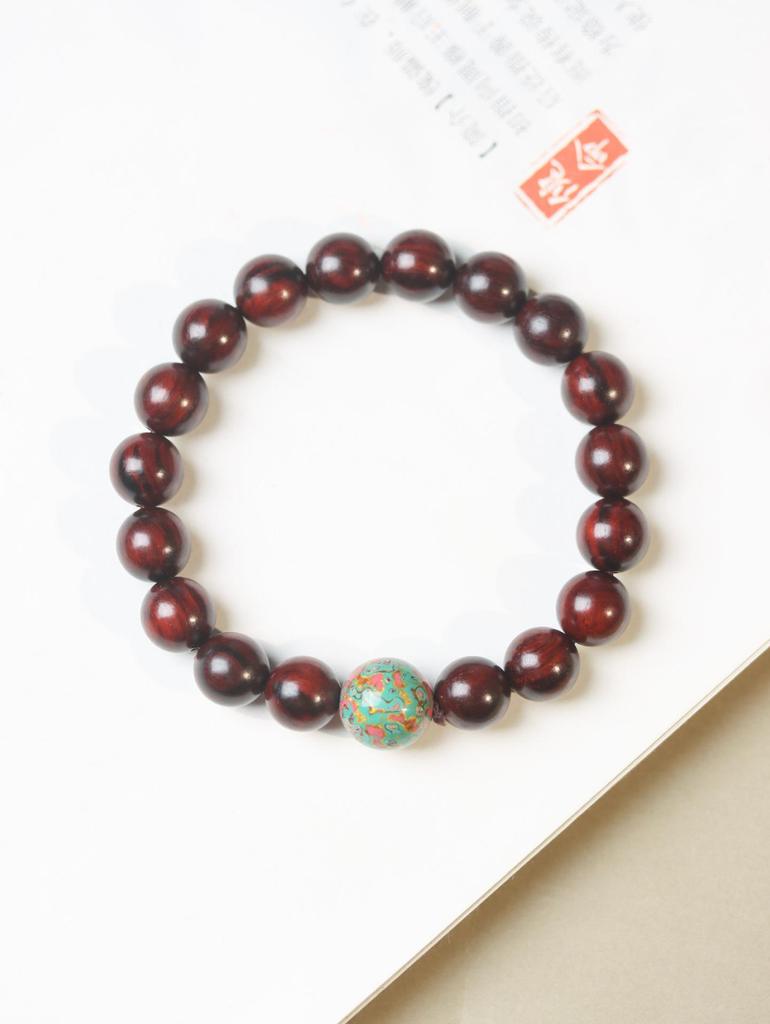 Women's Small-Leaf Rosewood Bracelet with Mother-of-Pearl Bead, Wenwan Buddhist Calming Ornament, Unisex.