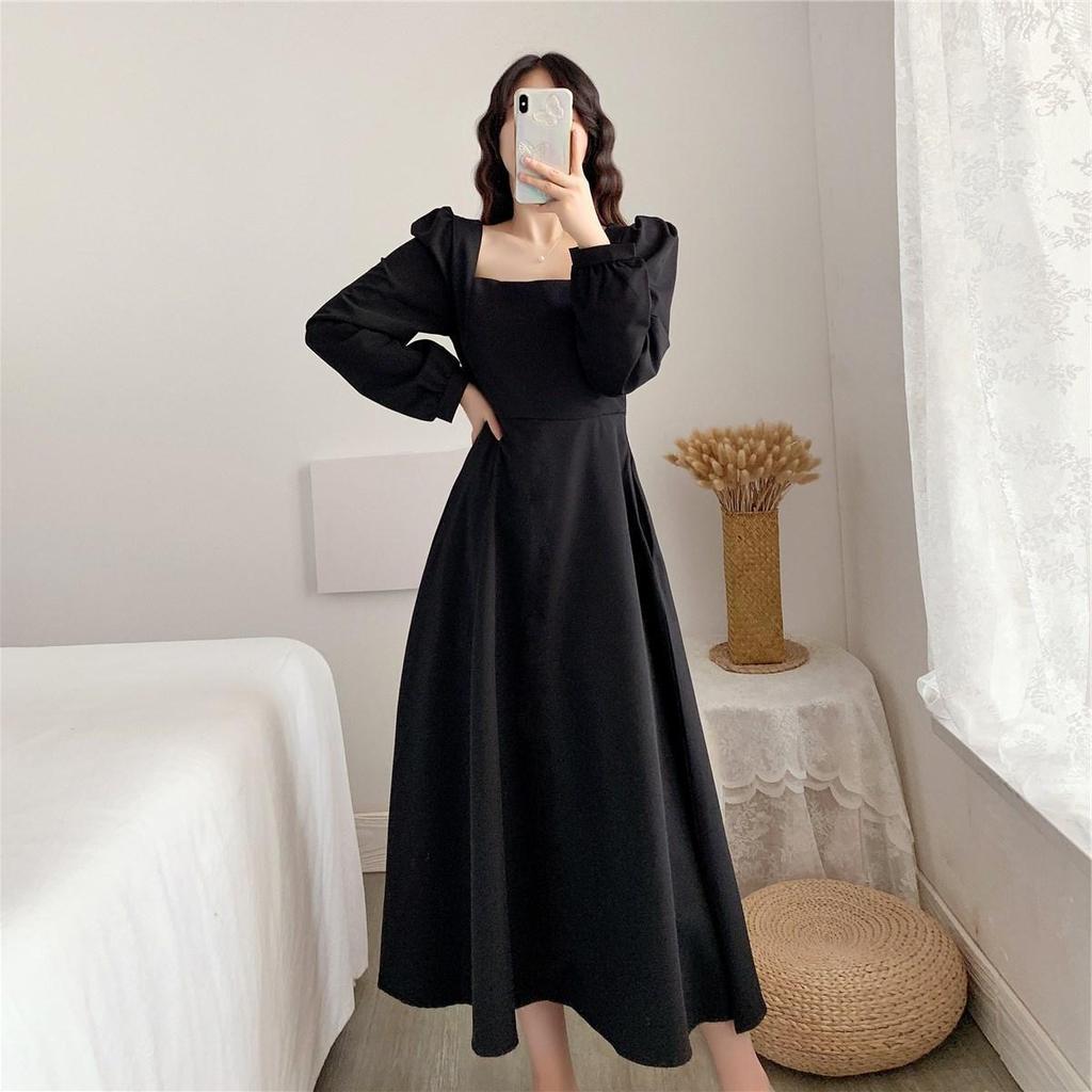 Long Dress Women Fashion Dress Women's Long-sleeved Skirt Temperament Square Collar Over The Knee Long Hepburn Style Small Black Dress