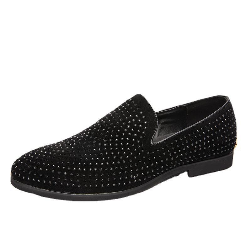 Men's Rhinestone Slip-On Leather Loafers - Pointed Toe, Large Size, British Casual Style.