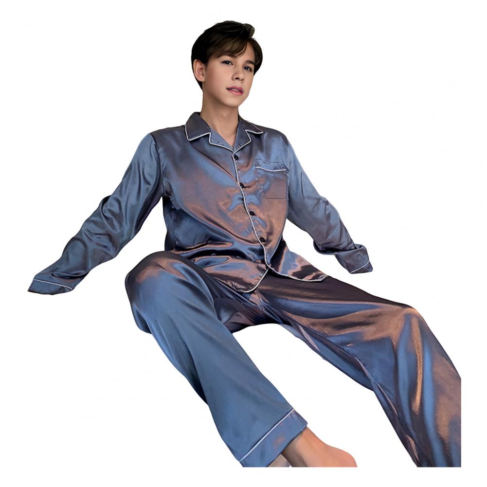 2 stk/sett Herre Sommer Pyjamassett Revers Langermet Skjorte Elastisk Midje Lommer Vide Ben Bukser Sett Ensfarget Enkeltspent Slee
