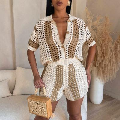 2 Pcs/Set Women Top Shorts Suit Hollow Out Lapel Single-breasted Color Matching Knitted Short Sleeve Top High Elastic Waist Slim Fit Shorts
