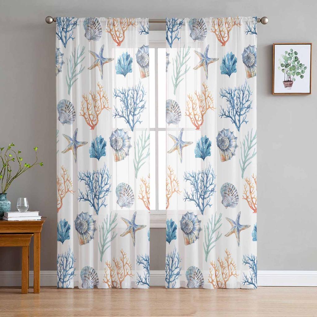 Marine Koralle im Sommer Seestern Fenster Tüll Vorhänge für Wohnzimmer Schlafzimmer Hotel Luxus Dekoration Transparente Vorhänge