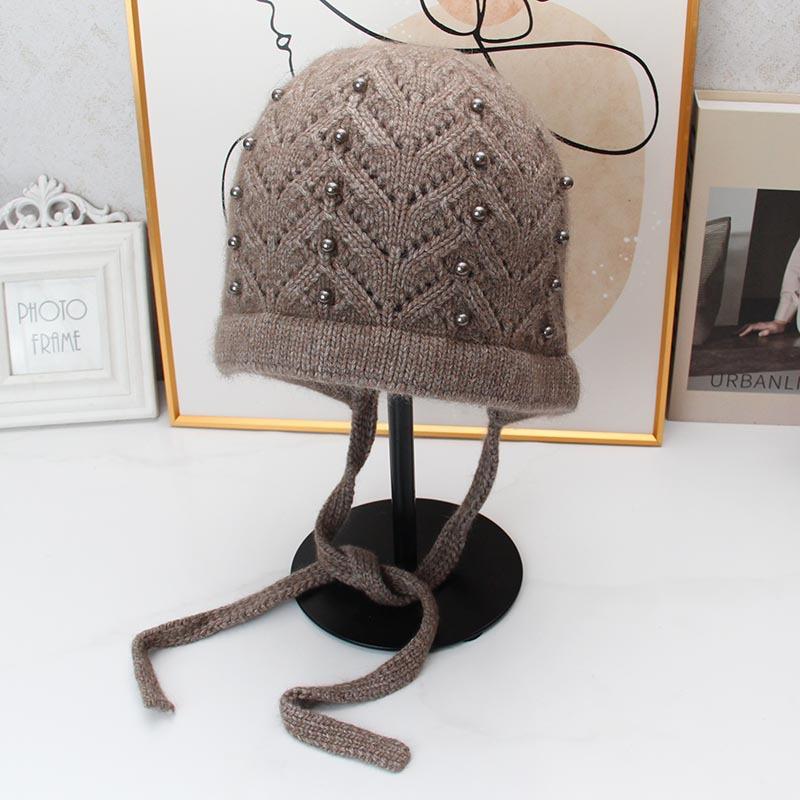 Pearl lace-up ear protector wool hat women's autumn and winter soft waxy rabbit hair knitted hat pearl twist bag head thermal hat