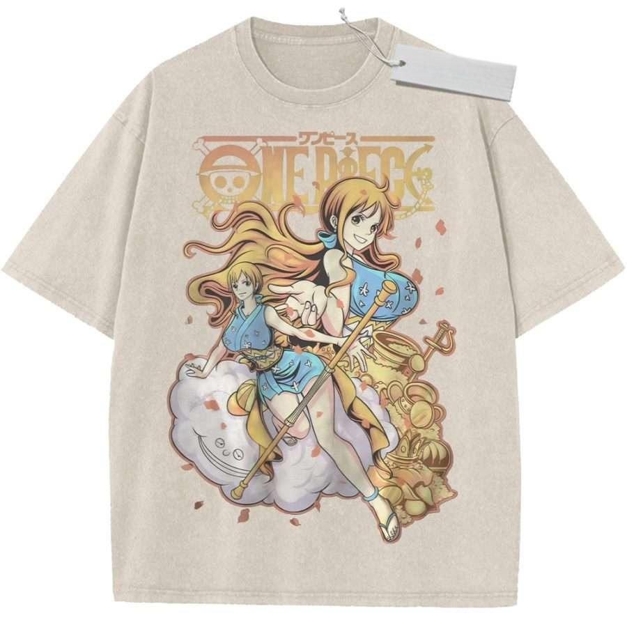 

Summer Mens Beige Washed T Shirt One Piece Nami Vivi Treasure Hunting High Quality Fabric for Casual Shopping M