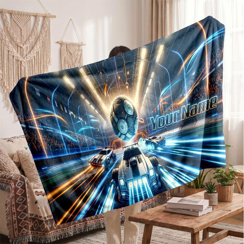 Rocket League Personalized Flannel Blanket, Custom Printed Text Name, Warm Soft Blanket For Couch Bed