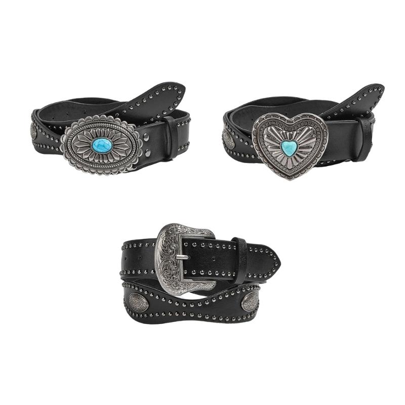 Studded Punk Style Belt Adjustable PU Leather with Charm Heart Buckles for Men Women Fashion Accessories