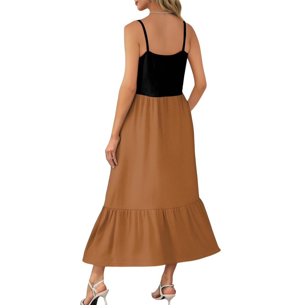 Women's Long Beach Casual Elegant Spaghetti Strap Maxi Dress Stitching Low-key Flowing Bohemian Dress