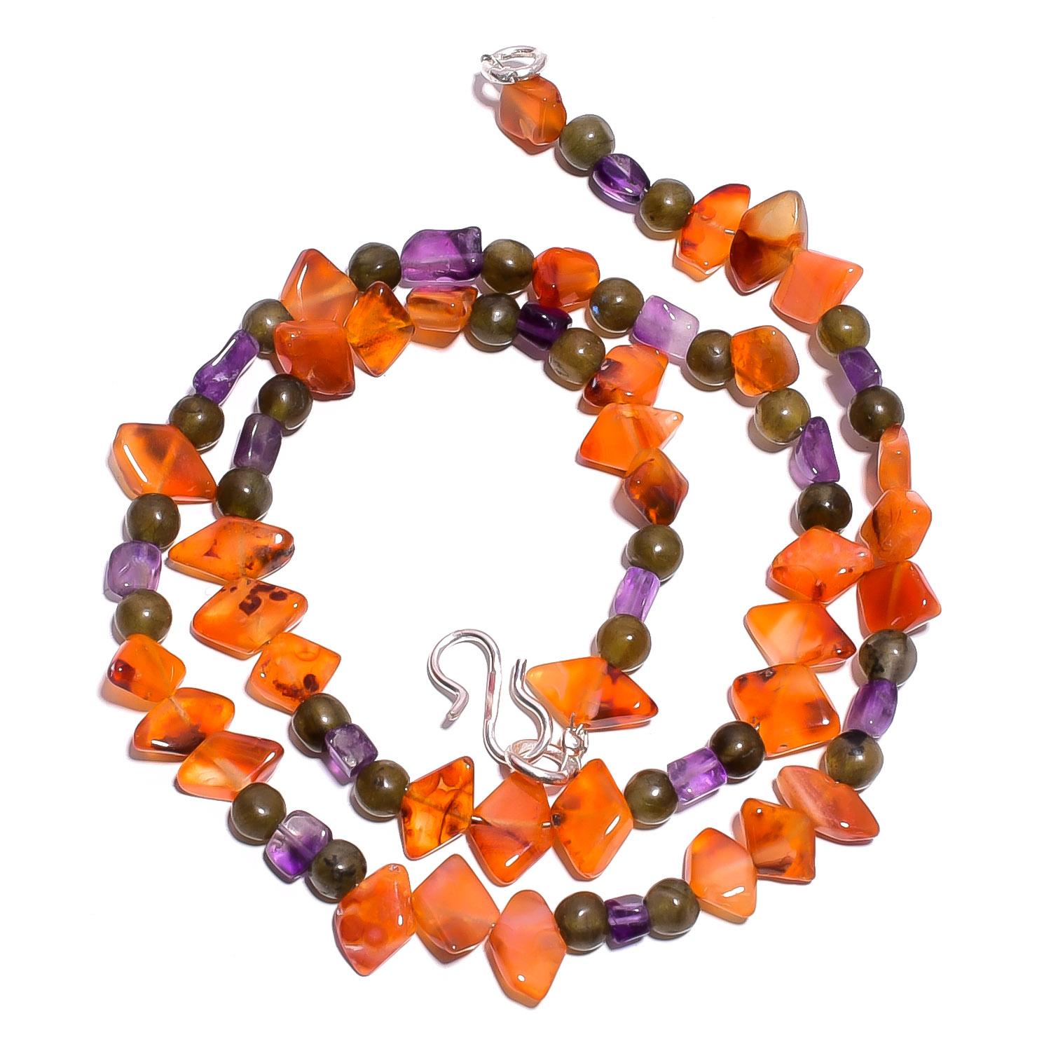 

Natural Carnelian Labradorite Amethyst Gemstone Smooth Beads Necklace 17 UB5038 UB-5038