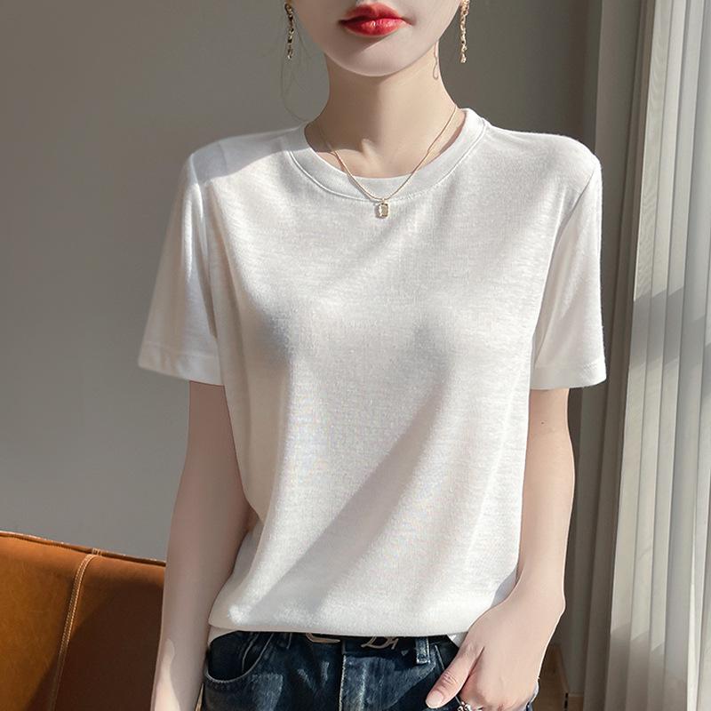 Women's Summer Tencel Lyocell Short Sleeve Round Neck Solid Color Loose Top