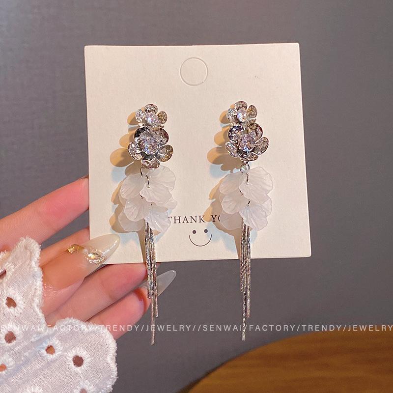 Super fairy silver flower fringed earrings women's light luxury temperament stud earrings long elegant earrings
