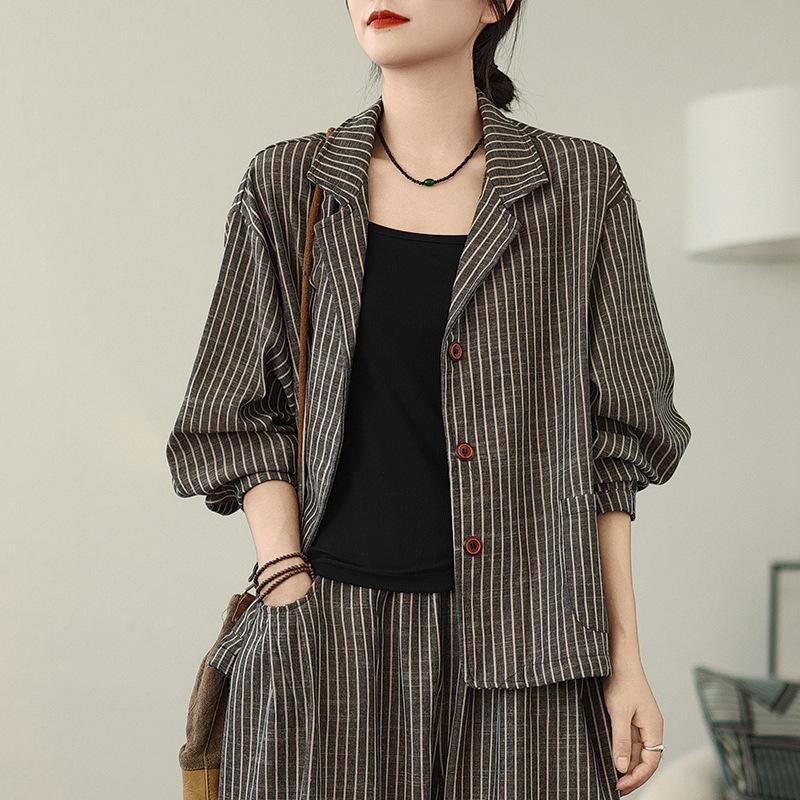 Autumn and Winter Retro Art Striped Large Size Cardigan Jacket + Wide Leg Harem Pants Two-piece Set