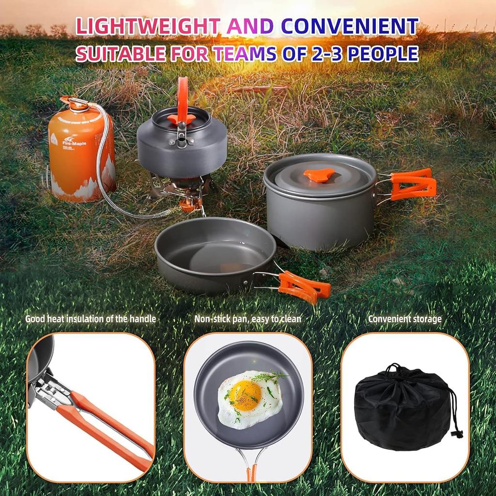 Camping Cooking Set Camping Cookware Outdoor Aluminum Mess Kit with Frying Pan, Pot with Lid, 1.2L Kettle Set and 2 Stainless Steel Plate, 2 Folding