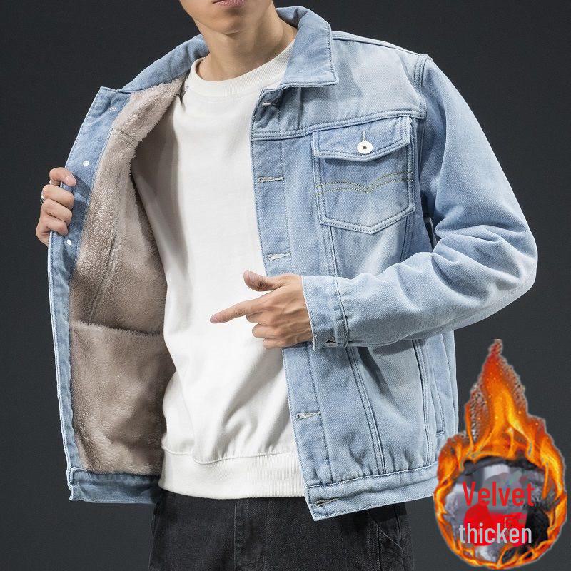

Мужская зимняя джинсовая куртка с бархатной подкладкой, утепленная, большого размера, в корейском стиле, универсальная и красивая. L