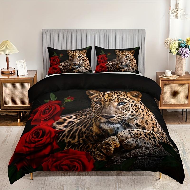 Rose Leopard Print Beding Set Soft Comfortable Soft Duvet Cover For Bedrom, Guest Rom 1*Soft Duvet Cover + 2*Pilowcase Without Core