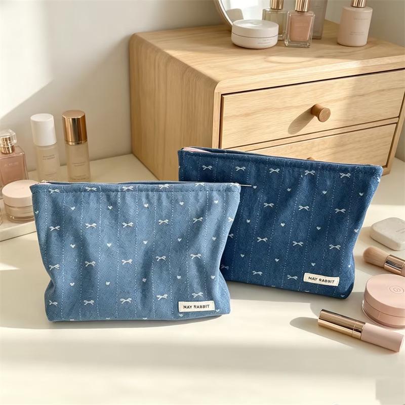 Korean-Style Denim Heart Print Versatile Jewelry & Makeup Bag