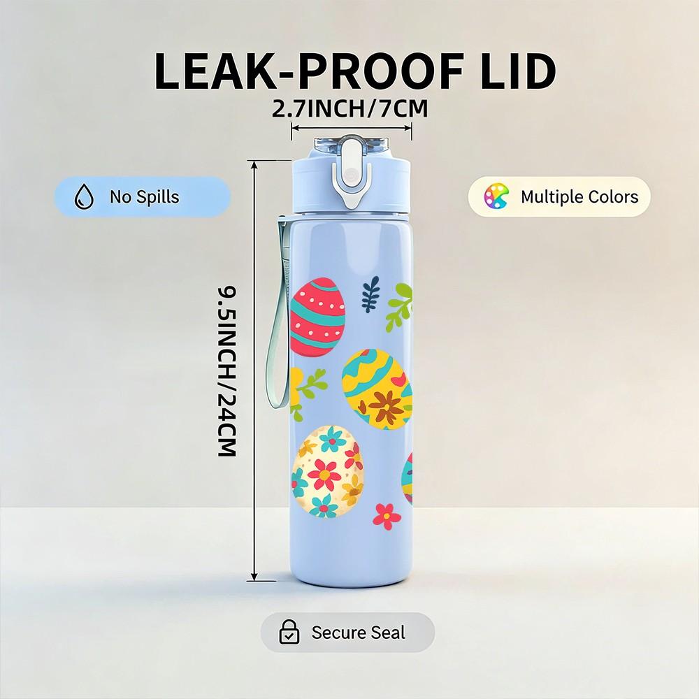 1PC Colorful Easter Egg Pattern Print 750ml Color Plastic Sports Water Bottle Leakproof Flip Straw Lid Suitable for Sports Office Home Use