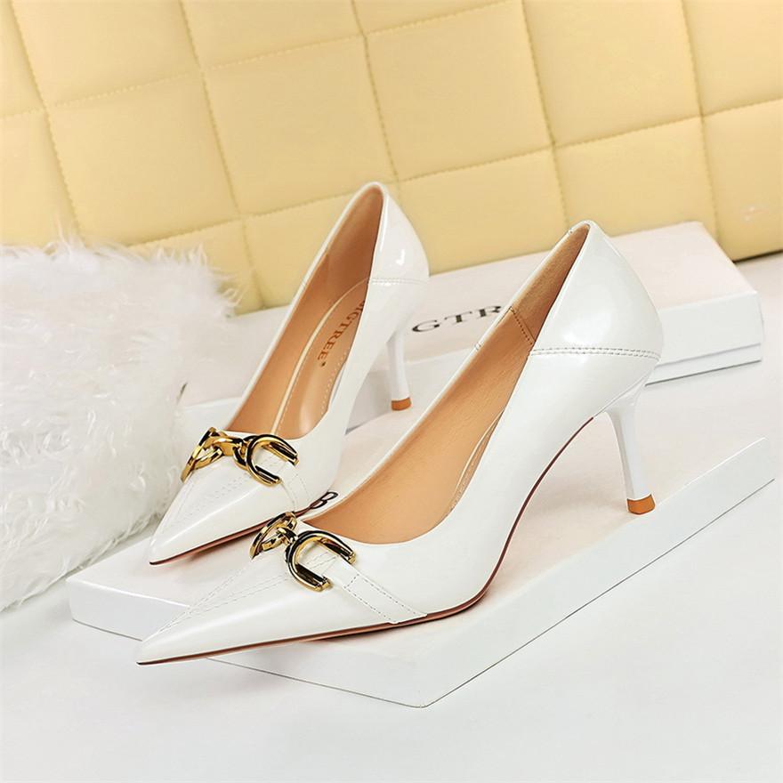 Red White Metal Buckle Wedding Shoes Women New Patent Leather Shallow High Heels Pumps Fashion Pointy Toe Party Shoes Woman