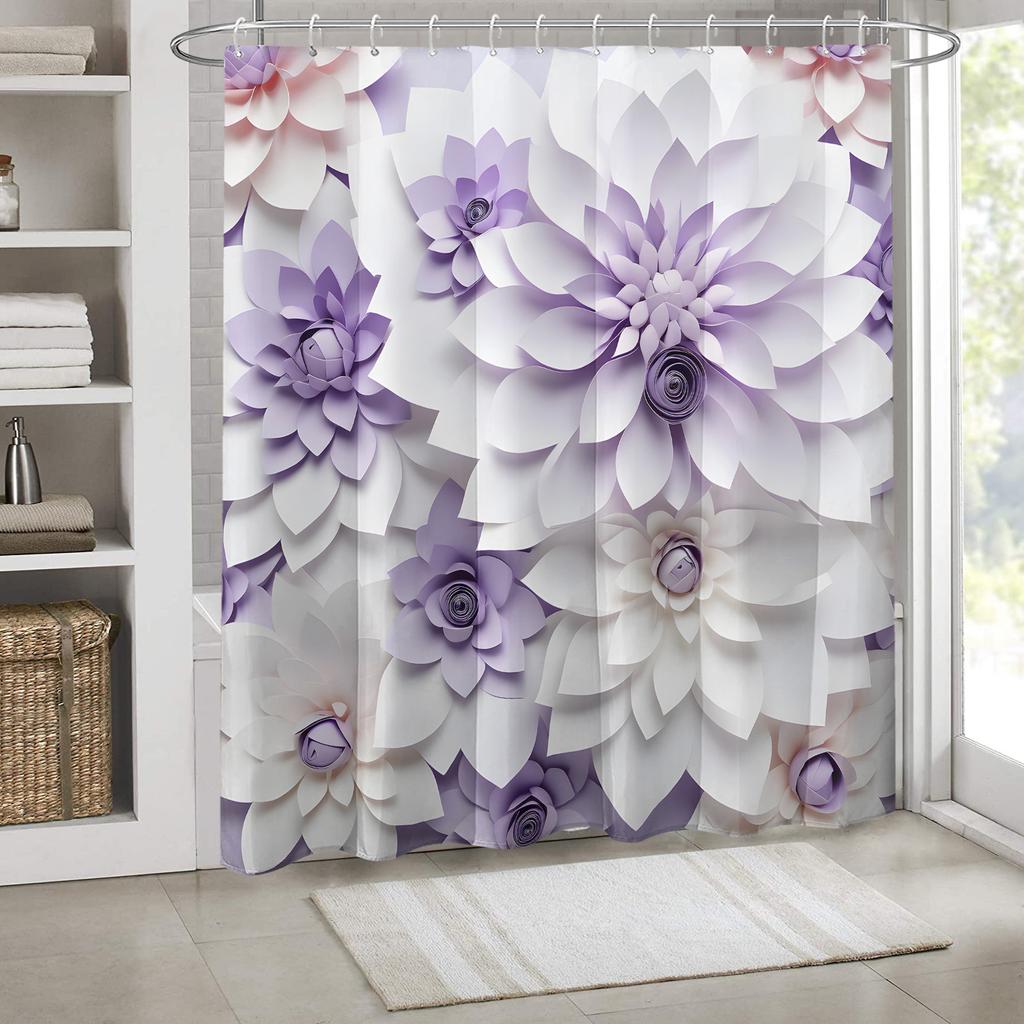 1Pc Gradient Purple Floral Print Shower Curtain With Hooks, Polyester Fabric Machine Washable Art And Floral Design For Bathroom