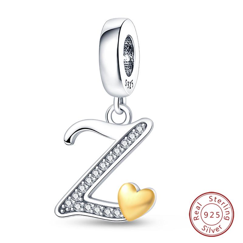 

925 Silver Charm Beads Classic Gold Heart-Shaped 26 Letters Pendant For Bracelet DIY Charm Birthday Jewelry